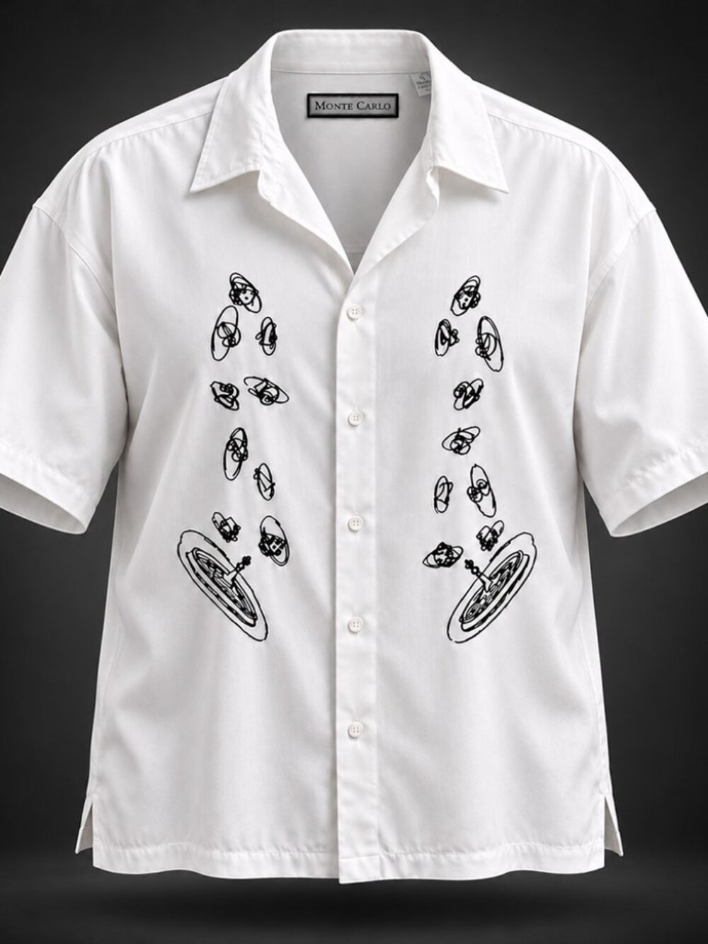 Monte Carlo Roulette Embroidered Camp Shirt White Rayon Blend Casino Theme